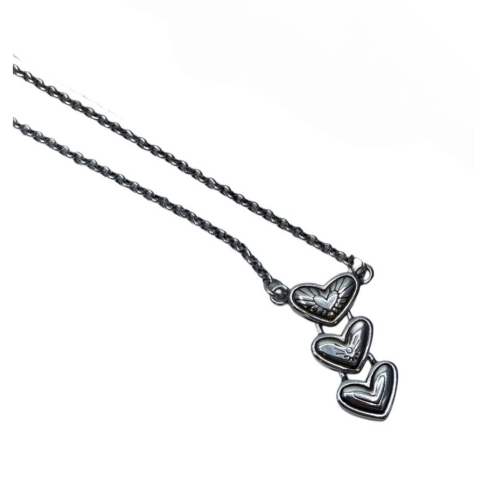 Brighton Triple Heart Pendant Necklace Silver‎ Tone Etched Link Chain Adjustable - Picture 3 of 5